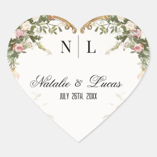 Sticker Cœur Mariage d'aquarelle romantique Floral et Arc d'or