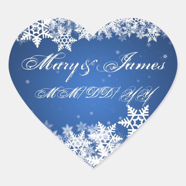 Sticker Cœur Mariage Date Winter Snowflakes Blue Sapphire (Devant)