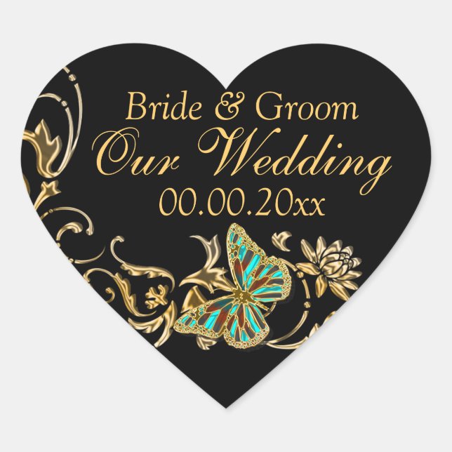 Sticker Cœur Mariage de papillon noir or fiançailles (Devant)