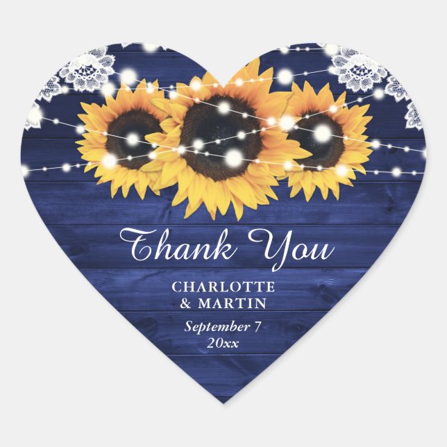 Sticker Cœur Mariage de tournesol en bois rustique bleu marine  (Devant)