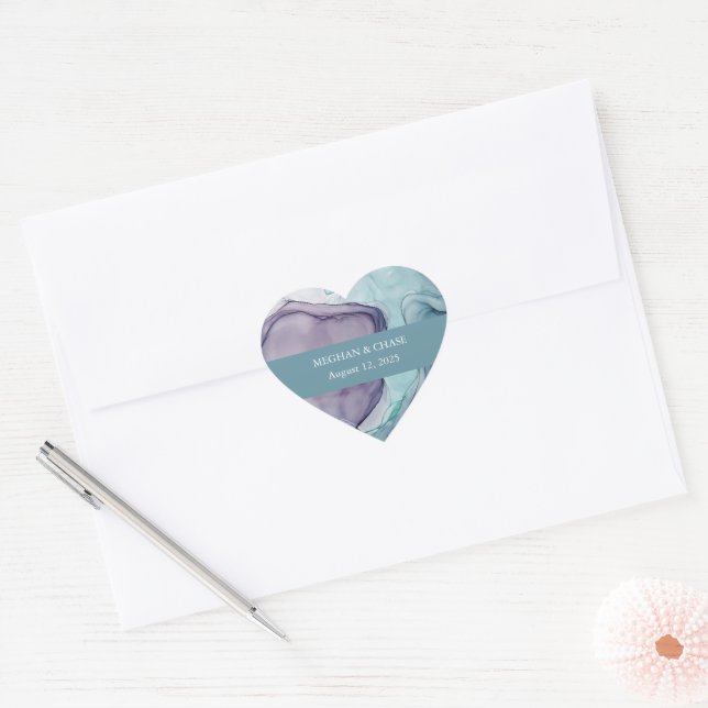 Sticker Cœur Mariage d'encre Turquoise Abstraite moderne (Enveloppe)