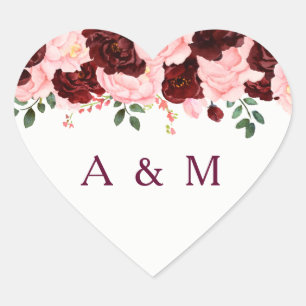Sticker Cœur Mariage des Initiales Florales Roses rose Brousse