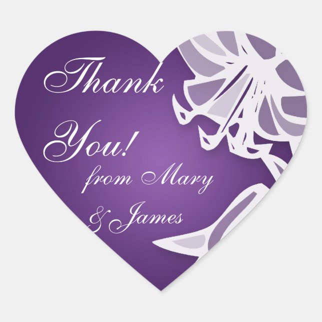 Sticker Cœur Mariage élégant "Merci" Purple Lily Bouquet (Devant)