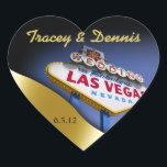 Sticker Cœur Mariage en Fabulous Las Vegas Metallic Gold Heart<br><div class="desc">Metallic Gold Las Vegas autocollant mariage en forme de coeur. Utilisez le bouton orange "Customiser" ci-dessus pour personnaliser cet autocollant cool avec vos propres préférences de texte et de police. Les invitations correspondantes, enregistrer les cartes de date, les décalcomanies rondes et carrés, les faveurs de la puce de casino et...</div>