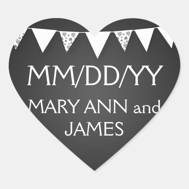 Sticker Cœur Mariage Enregistrer La Date Amour Bunting Noir (Devant)