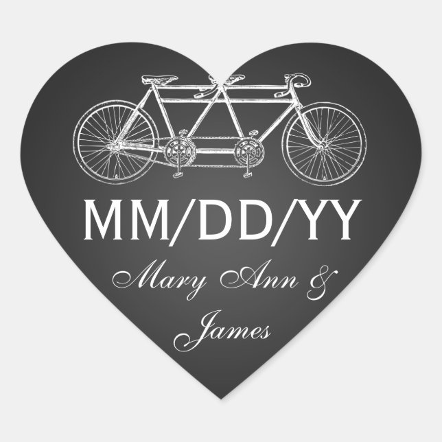 Sticker Cœur Mariage Enregistrer La Date Tandem Vélo Noir (Devant)