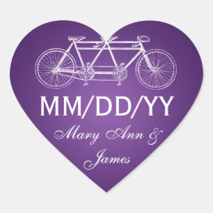 Sticker Cœur Mariage Enregistrer La Date Tandem Vélo Violet