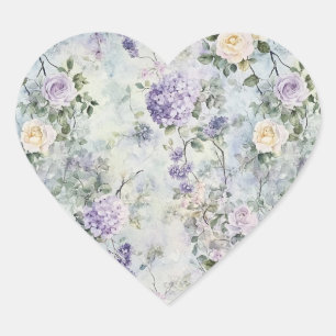 Sticker Cœur Mariage Fleurs Violettes Crème Romantique
