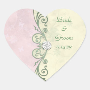 Sticker Cœur Mariage Floral de Printemps Rose Pâle et Jaune