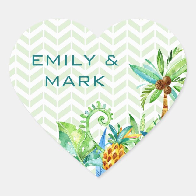 Sticker Cœur Mariage floral tropical personnalisé (Devant)