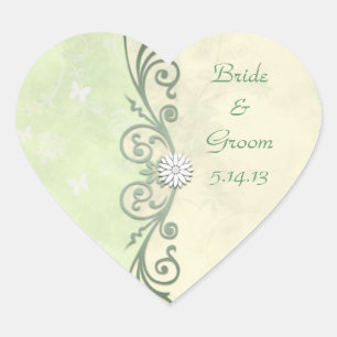 Sticker Cœur Mariage floral vert et jaune de printemps