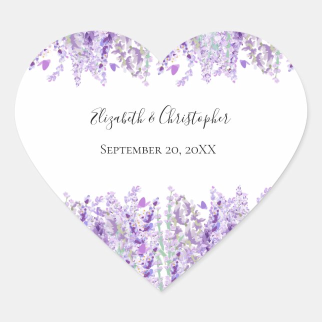 Sticker Cœur Mariage Floral Violet Vert Lavande (Devant)