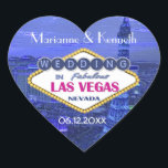 Sticker Cœur Mariage Las Vegas<br><div class="desc">Fun wedding keepsake venin to commemorate your Las Vegas Wedding. Background is a striking view of Las Vegas city in blue to violet tones with text and famous sign announcing your recent nuptials dans le Nevada. Customize Bride and Groom name area and wedding date.</div>
