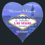 Sticker Cœur Mariage Las Vegas<br><div class="desc">Fun wedding keepsake venin to commemorate your Las Vegas Wedding. Background is a striking view of Las Vegas city in blue to violet tones with text and famous sign announcing your recent nuptials dans le Nevada. Customize Bride and Groom name area and wedding date.</div>