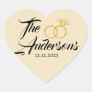 Sticker Cœur Mariage moderne Couple Anneau Faveur Nom Date Gold