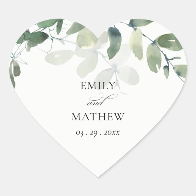 STICKER CŒUR MARIAGE MODERNE VERT EUCALYPTUS FOLIAGE EAU COULEU (Devant)