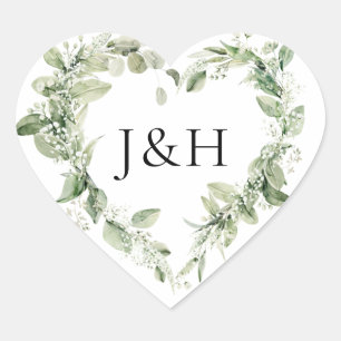 Sticker Cœur Mariage Monogramme Fleurs Blanches Luxuriantes et 