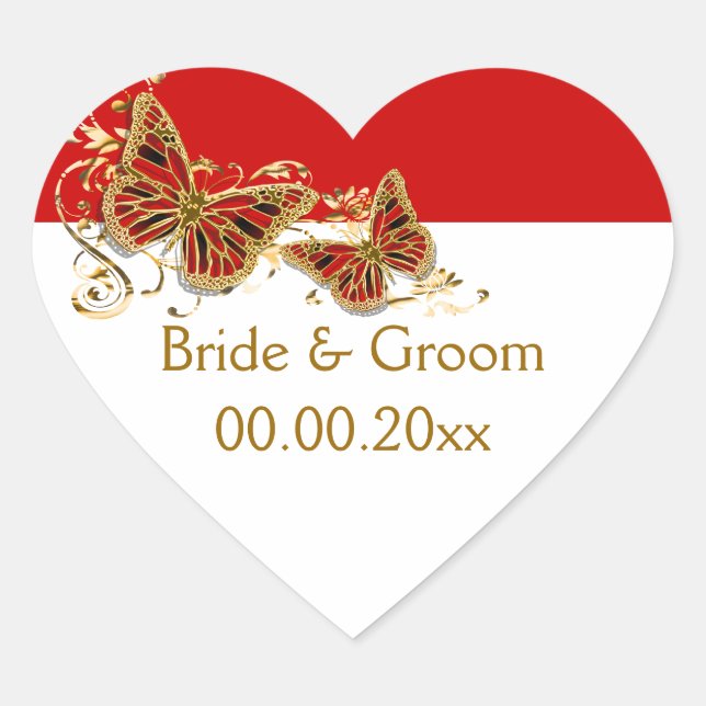 Sticker Cœur Mariage papillon rouge blanc (Devant)
