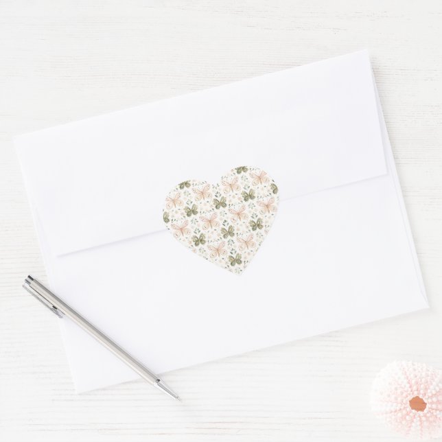 Sticker Cœur Mariage Papillons Vert Rose   (Enveloppe)