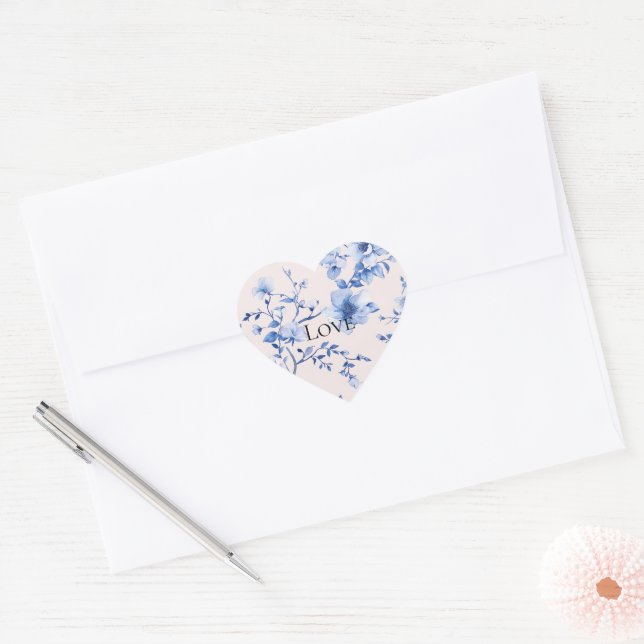 Sticker Cœur Mariage Romantique Rose et Bleu Floral (Enveloppe)
