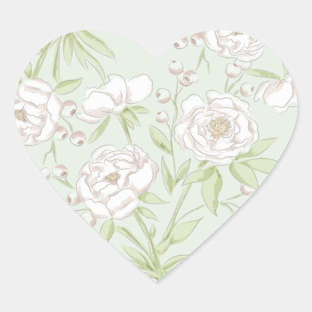 Sticker Cœur Mariage Rose Blanche Vert Sauge (Devant)
