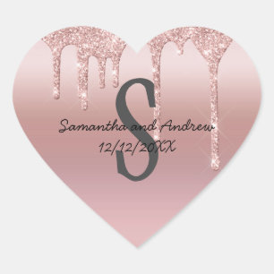 Sticker Cœur Mariage Rose Gold Gouttelette Paillettes Rose Clai
