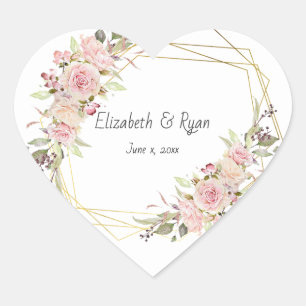 Sticker Cœur Mariage Roses Roses Gold Géométrique Personnalisé