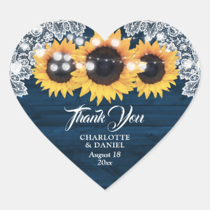 Sticker Cœur Mariage Tournesol Bois Rustique Bleu Marine