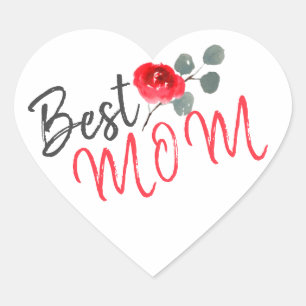 Sticker Cœur Meilleure maman Rose rouge Aquarelle Mère`Jour