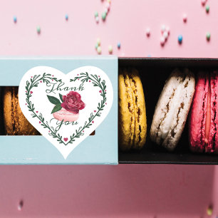 Sticker Cœur Merci aquarelle Floral Rose rouge Macaron