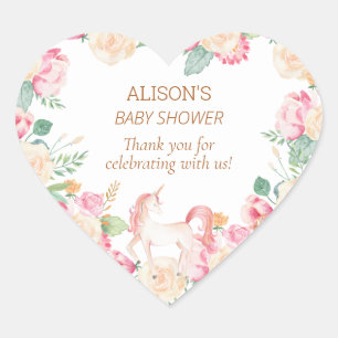 Sticker Cœur Merci de Baby shower de verdure rose Unicorne
