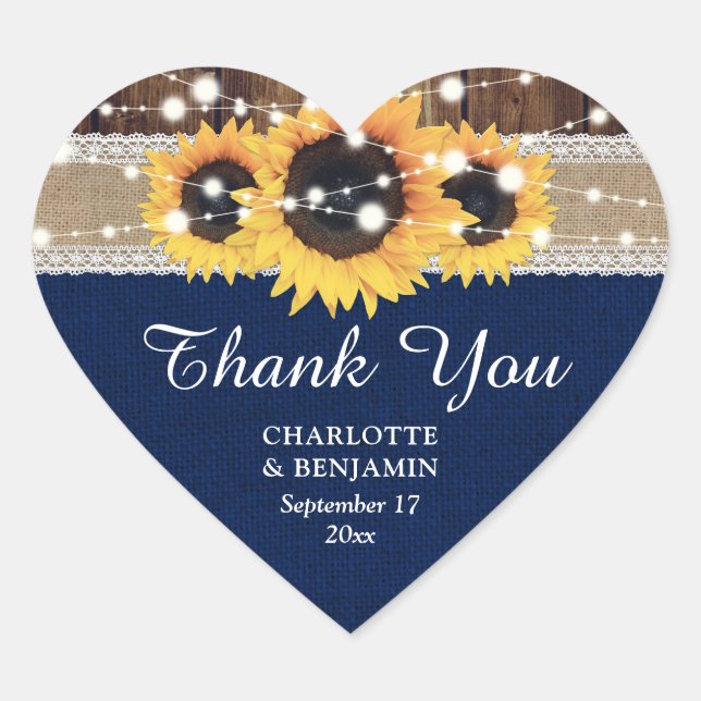 Sticker Cœur Merci de dentelle en bois de tournesol bleu marine (Devant)