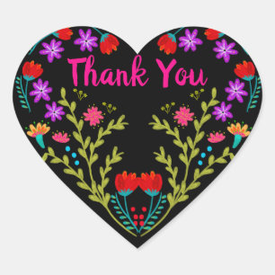 Sticker Cœur Merci Fleurs de Fiesta Mexicain Quinceanera Noir