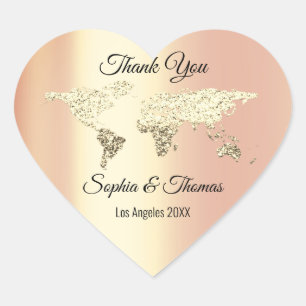 Sticker Cœur Merci Mariage World Map Destination Gold Coral