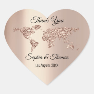 Sticker Cœur Merci Mariage World Map Destination Rose Coeur