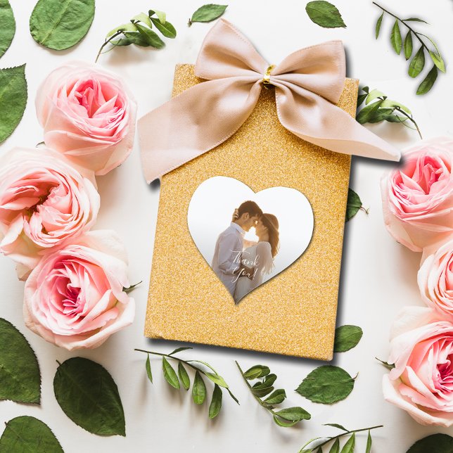 Sticker Cœur Merci photo mariage (Small 1-1/2" heart-shaped photo sticker.)