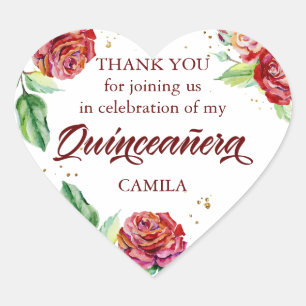 Sticker Cœur Merci Rouge or Floral Aquarelle Quinceanera