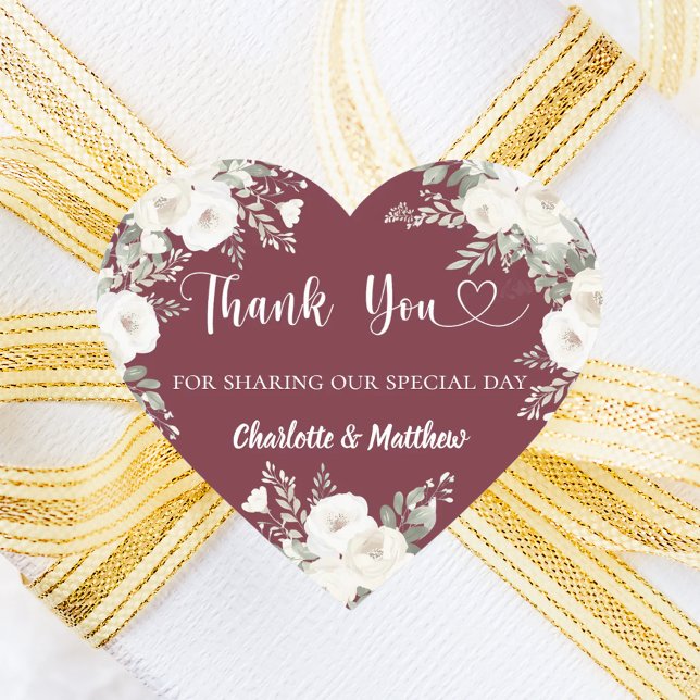 Sticker Cœur Merlot bordeaux fleurs blanches merci mariage (Créateur téléchargé)