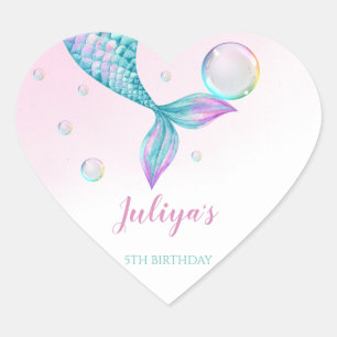 Sticker Cœur Mermaid Queue avec bulles Anniversaire