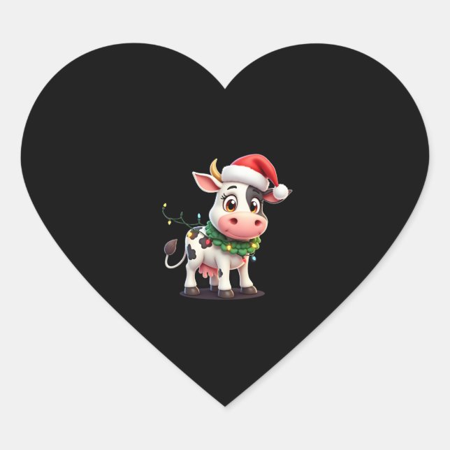 Sticker Cœur Merry Christmas Cow Santa Christmas Lights Cow Xma (Devant)