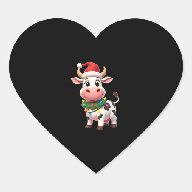 Sticker Cœur Merry Christmas Cow Santa Christmas Lights Cow Xma (Devant)