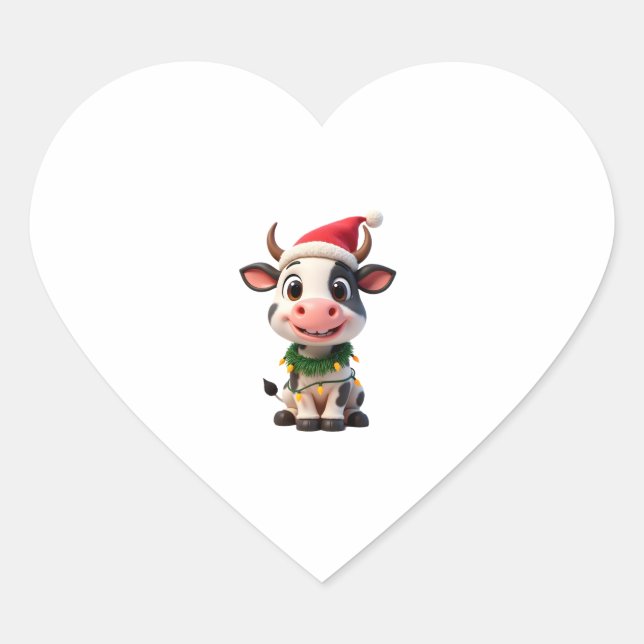 Sticker Cœur Merry Christmas Cow Santa Christmas Lights Cow Xma (Devant)