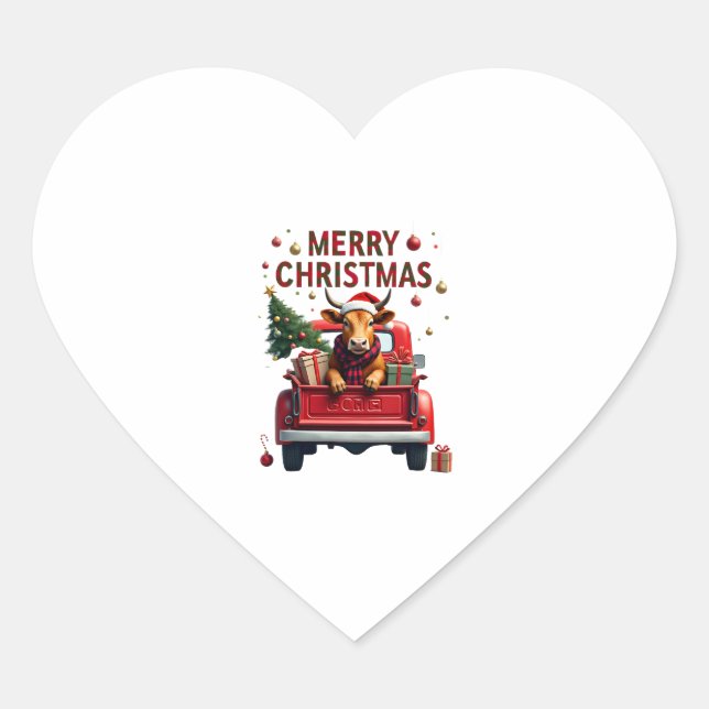 Sticker Cœur Merry Christmas Scottish Highland Cow Xmas Farm An (Devant)