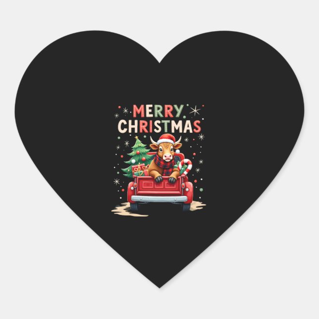 Sticker Cœur Merry Christmas Scottish Highland Cow Xmas Farm An (Devant)