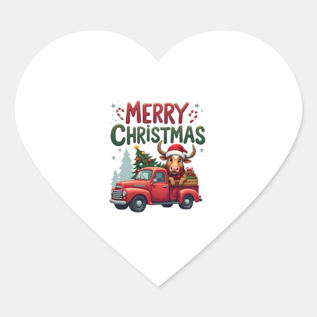 Sticker Cœur Merry Christmas Scottish Highland Cow Xmas Farm An (Devant)
