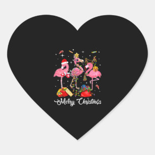 Sticker Cœur Merry Christmas Three Flamingo With Santa Hat