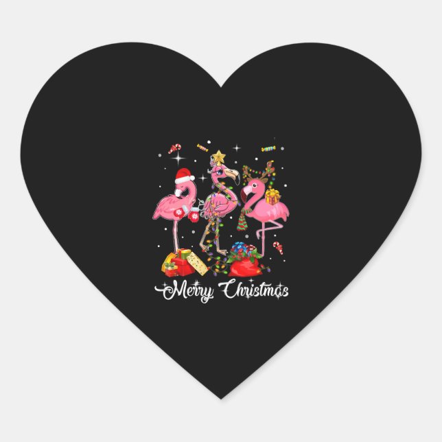 Sticker Cœur Merry Christmas Three Flamingo With Santa Hat (Devant)