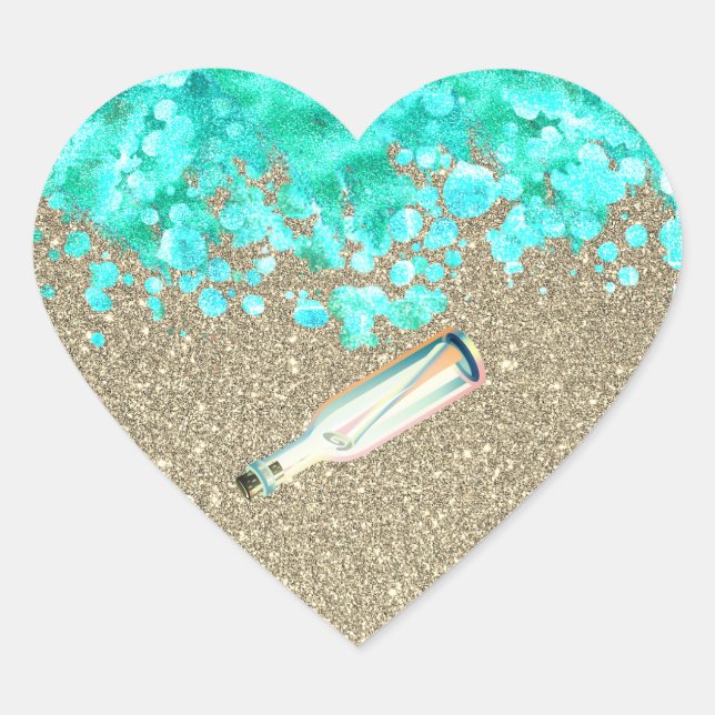 Sticker Cœur Message de plage dans une bouteille océan sable or (Devant)