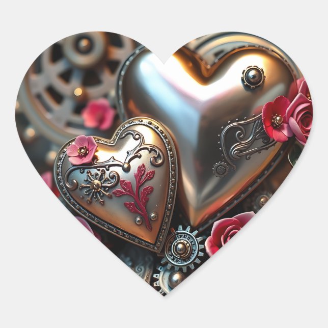 Sticker Cœur Metal Hearts et Fleurs Roses Steampunk (Devant)