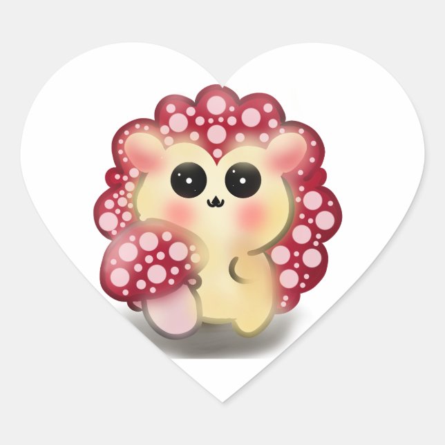 Sticker Cœur Mignon Champignon Rouge Kawaii Hérisson Toadstool  (Devant)